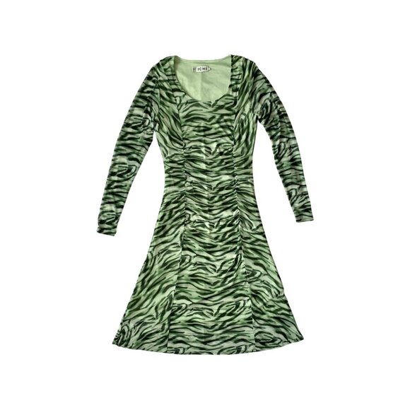 ICHI Ihista Mesh Sheer Green Zebra Print Dress Whimsigoth Witchy Fairy Grunge - Picture 9 of 16